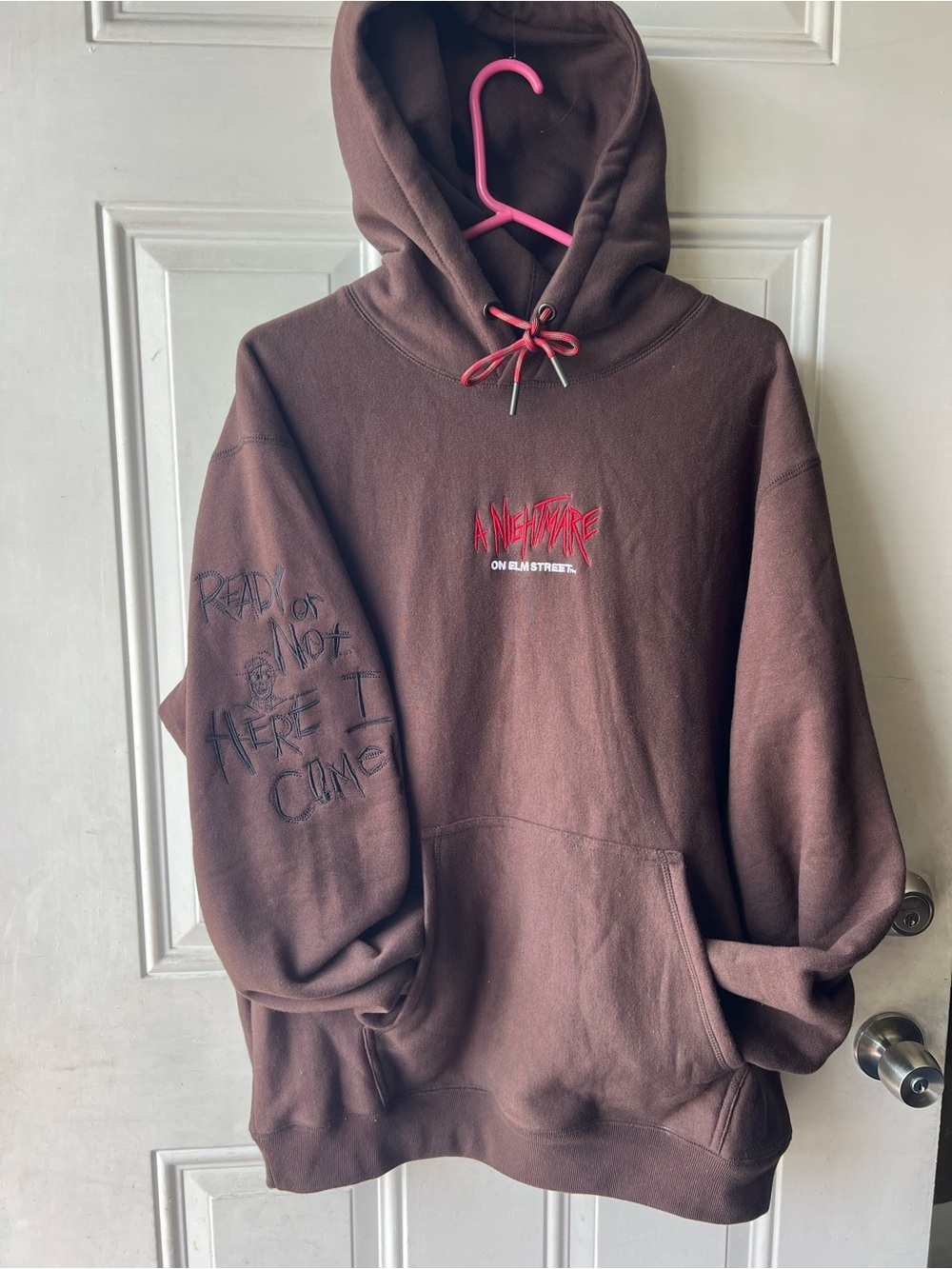 Brown Graphic Pullover Hoodie with Red Chest Logo